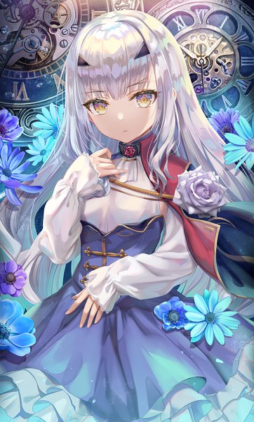 Anime picture 1200x1989 with fate (series) fate/grand order melusine (fate) torino aqua single long hair tall image looking at viewer fringe standing yellow eyes silver hair blunt bangs long sleeves parted lips fingernails sleeves past wrists frilled dress pinky out girl