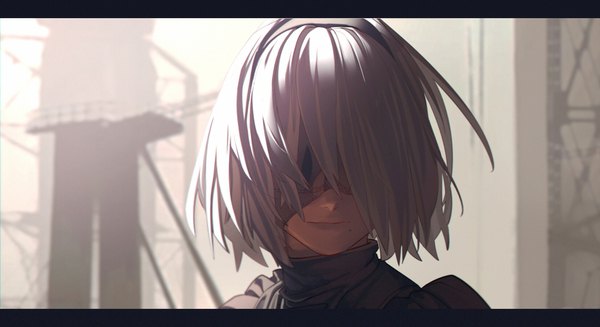 Anime picture 1650x900 with nier nier:automata yorha no. 2 type b revolmxd single short hair smile wide image silver hair upper body lips mole letterboxed mole under mouth blindfold girl headband