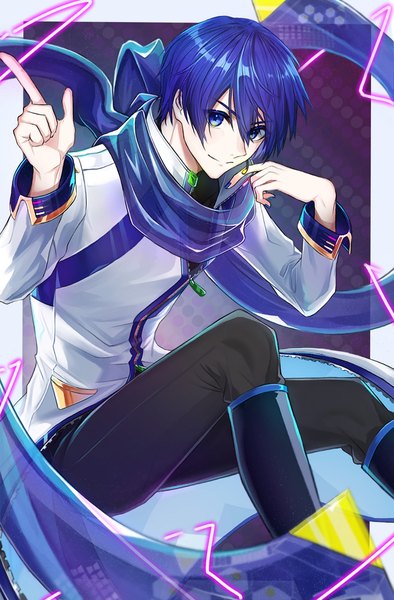 Anime picture 997x1518 with vocaloid kaito (vocaloid) kaito (vocaloid3) meiro irqp single tall image looking at viewer fringe short hair blue eyes smile hair between eyes blue hair nail polish boy scarf knee boots