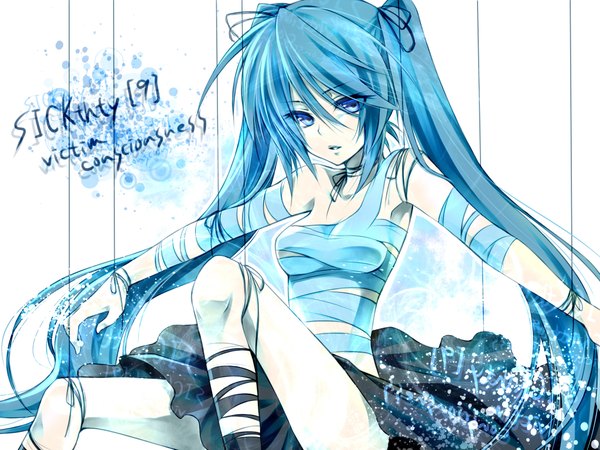 Anime picture 2048x1536 with vocaloid hatsune miku ueno tsuki long hair highres blue eyes twintails blue hair girl skirt miniskirt bandage (bandages)
