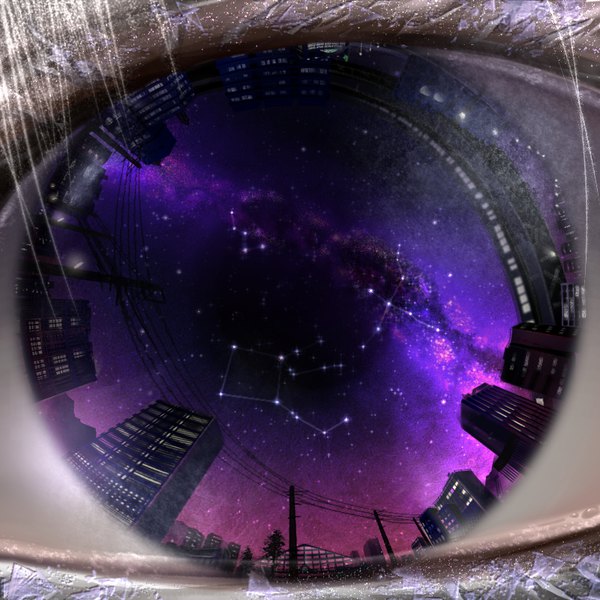 Anime picture 800x800 with sakura no uta natsume shizuku tono d single looking at viewer night night sky city reflection close-up cityscape landscape constellation milky way girl plant (plants) tree (trees) building (buildings) star (stars) pole