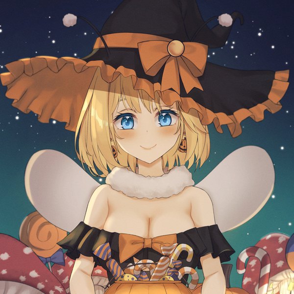 Anime-Bild 2500x2500 mit virtual youtuber hololive hololive english watson amelia kangbus single looking at viewer highres short hair breasts blue eyes light erotic blonde hair smile large breasts sitting sky cleavage halloween insect wings