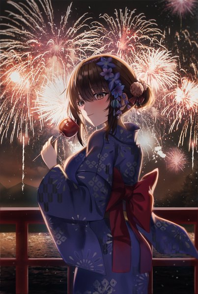 Anime picture 3761x5600 with original starlip single tall image blush fringe highres short hair hair between eyes brown hair standing holding brown eyes looking away absurdres outdoors traditional clothes japanese clothes arm up hair flower