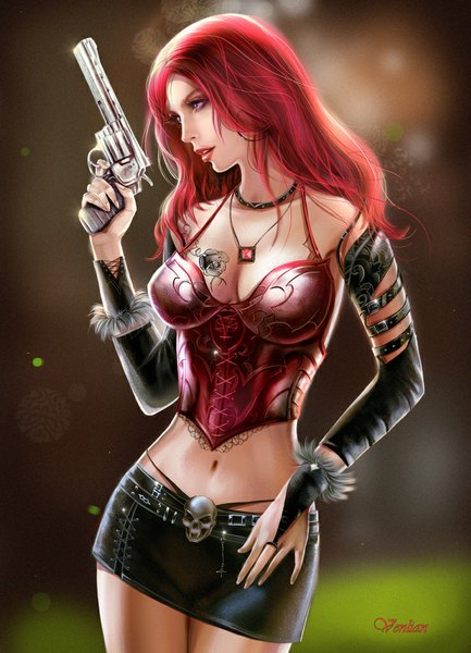 Anime picture 739x1024 with original venlian single long hair tall image light erotic red hair pink eyes lips realistic bare belly midriff tattoo lipstick girl navel weapon earrings miniskirt gun