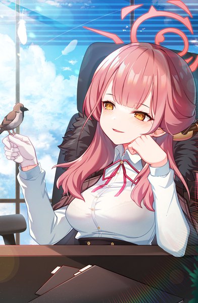 Anime picture 1174x1796 with blue archive aru (blue archive) sugar (dndi888) single long hair tall image sitting yellow eyes looking away pink hair sky cloud (clouds) head rest bird on hand girl animal window bird (birds) halo feather (feathers)