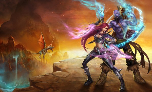 Anime picture 1920x1166 with league of legends katarina (league of legends) ryze (league of legends) lps long hair fringe highres breasts open mouth wide image holding cleavage red hair midriff glowing mountain glowing eye (eyes) rock waterfall thighhighs