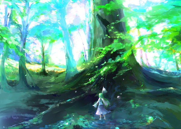 Anime-Bild 1300x925 mit touhou kochiya sanae kyokucho single long hair green hair landscape scenic girl dress plant (plants) tree (trees) grass forest