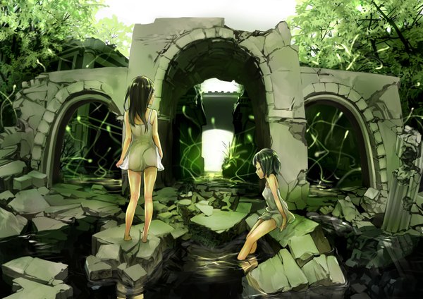 Anime picture 1637x1157 with original pixy2501 long hair fringe short hair standing sitting multiple girls eyes closed profile barefoot from behind bare legs back ruins broken girl 2 girls plant (plants) tree (trees)