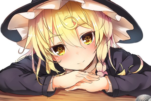 Anime picture 2864x1920 with touhou kirisame marisa greatmosu long hair looking at viewer blush fringe highres simple background blonde hair smile hair between eyes white background yellow eyes payot upper body braid (braids) head tilt single braid symbol-shaped pupils