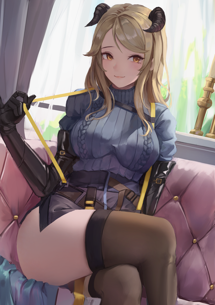 Anime picture 3508x4961 with arknights meteorite (arknights) eru (eru illust) single long hair tall image looking at viewer highres breasts light erotic smile brown hair large breasts sitting brown eyes absurdres indoors horn (horns) dutch angle thighs