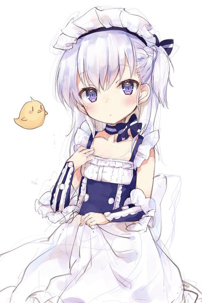 Anime picture 1364x2048 with azur lane manjuu (azur lane) belfast (azur lane) little bel (azur lane) fushimi sameta single long hair tall image looking at viewer blush fringe simple background hair between eyes white background purple eyes silver hair maid one side up sketch girl