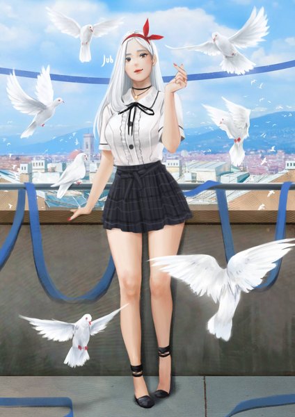 Anime picture 1190x1684 with original mio (jubi) jubi (regiana) single long hair tall image looking at viewer fringe breasts smile standing bare shoulders brown eyes signed cloud (clouds) white hair nail polish bare legs short sleeves midriff