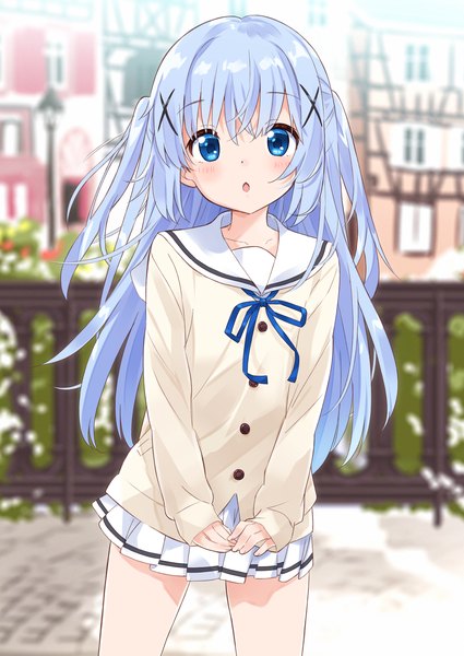 Anime picture 2508x3541 with gochuumon wa usagi desu ka? white fox kafuu chino mousou (mousou temporary) single long hair tall image looking at viewer blush highres open mouth blue eyes standing blue hair outdoors pleated skirt blurry :o two side up girl