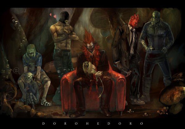 Anime picture 2000x1400 with dorohedoro mappa noi (dorohedoro) shin (dorohedoro) ebisu (dorohedoro) kikurage (dorohedoro) en (dorohedoro) fujita (dorohedoro) chota (dorohedoro) hage2013 highres red hair topless group everyone weapon hat necktie heart mask