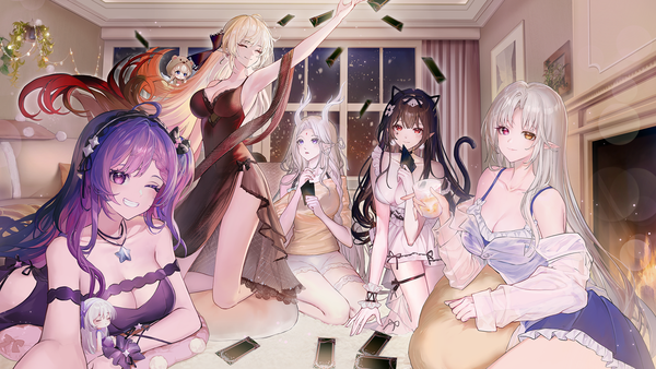 Anime picture 1920x1080 with original zuo600 long hair looking at viewer blush fringe highres breasts light erotic blonde hair smile hair between eyes red eyes brown hair wide image large breasts sitting purple eyes multiple girls holding