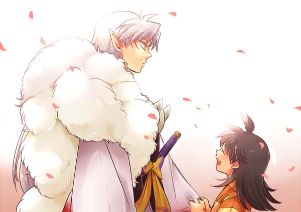 Anime picture 1000x708 with inuyasha sesshomaru rin (inuyasha) shirou (vista) long hair open mouth yellow eyes silver hair ahoge eyes closed profile pointy ears girl boy petals sword katana fur child (children)