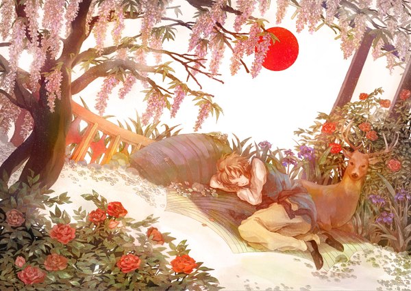 Anime picture 1500x1066 with original irorico short hair brown hair brown eyes lying traditional clothes japanese clothes boy flower (flowers) plant (plants) animal tree (trees) sun deer