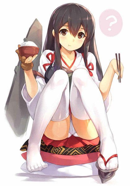 Anime picture 700x1000 with kantai collection akagi aircraft carrier suika01 long hair tall image looking at viewer blush light erotic black hair simple background brown hair white background sitting traditional clothes japanese clothes pantyshot cameltoe pantyshot sitting food in mouth jpeg artifacts