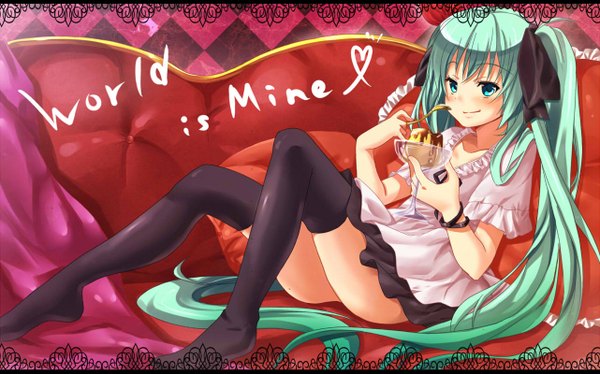 Anime picture 1282x800 with vocaloid hatsune miku yano mitsuki long hair wide image twintails green eyes green hair girl thighhighs black thighhighs food sweets ice cream