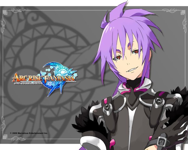 Anime picture 1280x1024 with arc rise fantasia single looking at viewer short hair simple background red eyes purple hair light smile inscription boy gloves
