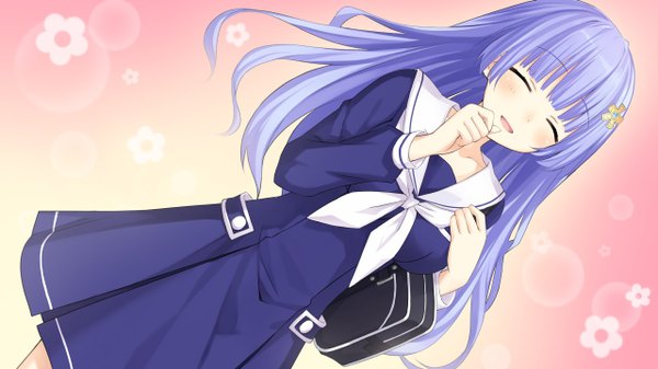 Anime picture 1280x720 with date a live izayoi miku tsunako single long hair blush open mouth smile wide image payot game cg purple hair blunt bangs eyes closed dutch angle gradient background pink background girl uniform serafuku