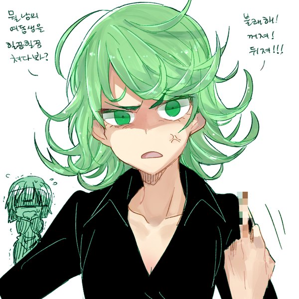 Anime picture 800x800 with one-punch man madhouse tatsumaki fubuki (one-punch man) six (fnrptal1010) looking at viewer fringe short hair breasts open mouth white background multiple girls green eyes ahoge arm up green hair censored text eyebrows angry