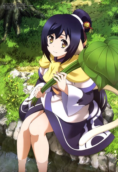 Anime picture 4073x5925 with utawareru mono: itsuwari no kamen white fox megami magazine kuon (utawareru mono) kimiya ryousuke single long hair tall image looking at viewer highres black hair sitting brown eyes animal ears absurdres ponytail tail animal tail official art girl