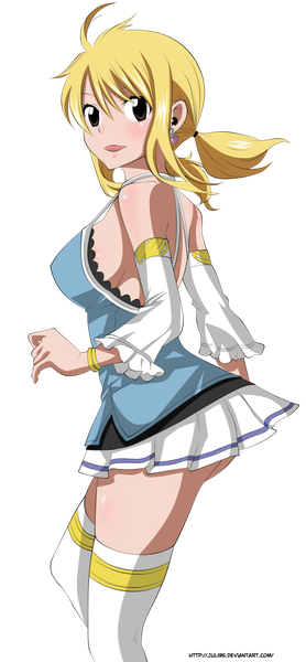 Anime picture 609x1313 with fairy tail lucy heartfilia juli95 single long hair tall image open mouth light erotic blonde hair smile twintails pleated skirt looking back black eyes coloring transparent background girl thighhighs skirt detached sleeves