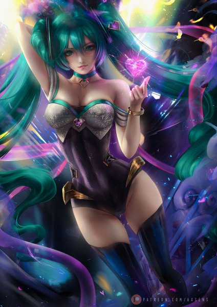 Anime picture 3532x5000 with league of legends vocaloid k/da (league of legends) hatsune miku ahri (league of legends) k/da ahri axsen single tall image looking at viewer blush fringe highres breasts light erotic hair between eyes large breasts standing twintails signed
