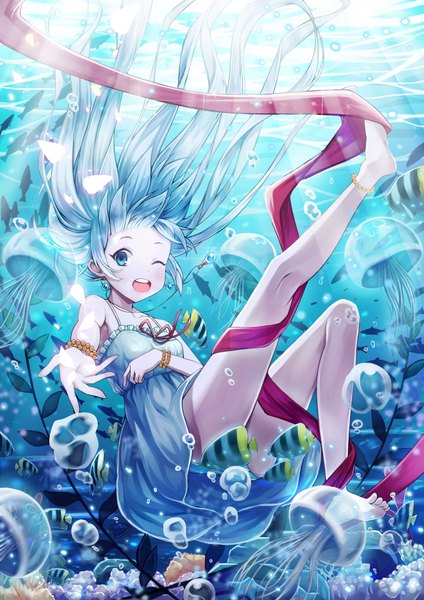 Anime picture 2480x3508 with original ling si single long hair tall image looking at viewer blush highres open mouth blue eyes light erotic bare shoulders payot blue hair bent knee (knees) one eye closed barefoot sunlight teeth bare legs