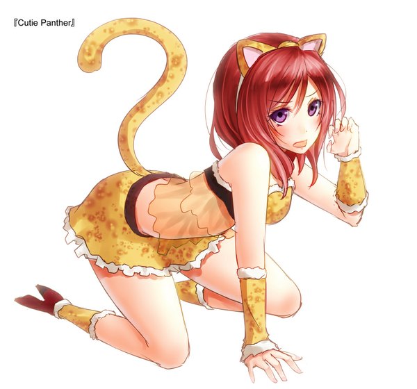 Anime picture 813x760 with love live! school idol project sunrise (studio) love live! nishikino maki noppi (noppi 98) single looking at viewer blush short hair simple background white background purple eyes animal ears full body red hair tail animal tail cat ears cat tail girl