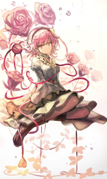 Anime picture 1500x2500 with touhou komeiji satori fuepo single tall image looking at viewer short hair sitting pink hair full body pink eyes expressionless girl flower (flowers) pantyhose black pantyhose rose (roses) headband knee boots bubble (bubbles)