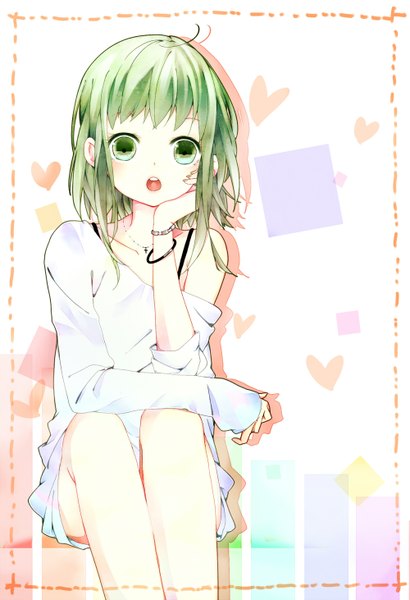 Anime picture 1000x1462 with vocaloid gumi sss3 single tall image looking at viewer short hair open mouth sitting bare shoulders green eyes ahoge green hair framed girl bracelet pendant