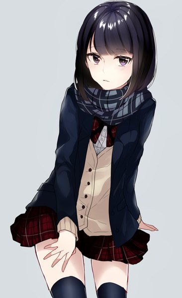 Anime picture 2463x4029 with original sogawa single tall image looking at viewer fringe highres short hair black hair simple background purple eyes grey background arm support zettai ryouiki girl thighhighs uniform black thighhighs school uniform scarf