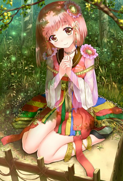 Anime picture 680x1000 with moeru! tenshi jiten arudehido single long hair tall image looking at viewer blush smile sitting pink hair wariza hands clasped girl dress hair ornament flower (flowers) plant (plants) tree (trees) insect grass