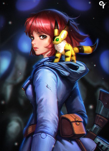 Anime picture 1024x1410 with kaze no tani no nausicaa studio ghibli nausicaa teto liang xing single tall image fringe short hair brown eyes upper body red hair looking back blurry realistic girl weapon animal jacket gun