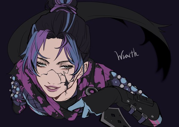 Anime picture 2000x1424 with apex legends wraith (apex legends) ukiyo okashi single highres short hair blue eyes black hair simple background upper body multicolored hair from above hair bun (hair buns) streaked hair character names lipstick black background purple lipstick no pupils girl