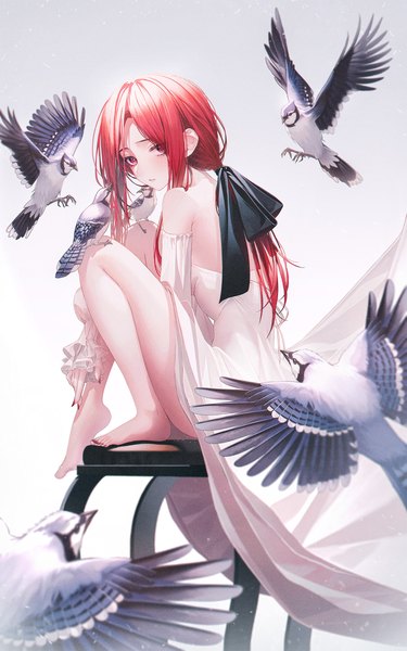 Anime picture 1500x2398 with original andi 1021 single long hair tall image looking at viewer fringe light erotic simple background red eyes white background sitting payot full body red hair nail polish barefoot fingernails turning head low ponytail