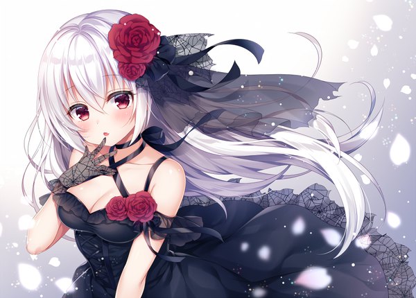 Anime picture 1000x718 with original mitsuba choco single long hair looking at viewer blush fringe open mouth simple background hair between eyes red eyes standing white hair hair flower sleeveless gradient background floating hair finger to mouth lacing lolita fashion