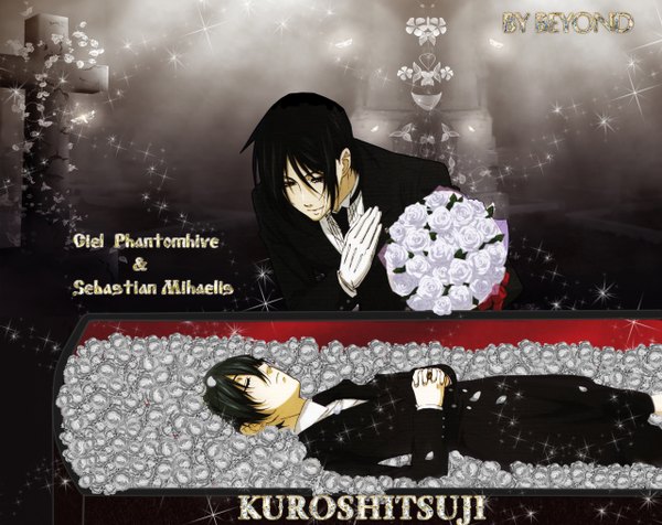 Anime picture 1280x1016 with kuroshitsuji a-1 pictures sebastian michaelis ciel phantomhive black hair red eyes eyes closed wallpaper boy rose (roses) cross coffin