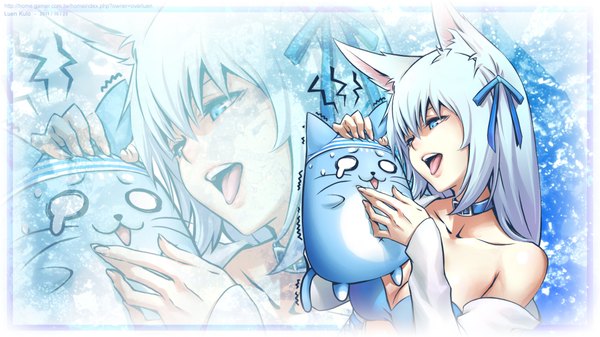 Anime picture 1920x1080 with luen kulo single long hair highres open mouth blue eyes wide image animal ears white hair pointy ears zoom layer girl animal tongue cat collar