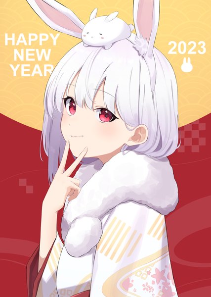 Anime picture 1016x1427 with original daifuku (tkja3555) single long hair tall image blush fringe hair between eyes red eyes animal ears silver hair upper body traditional clothes japanese clothes bunny ears victory fake animal ears new year happy new year animal on head