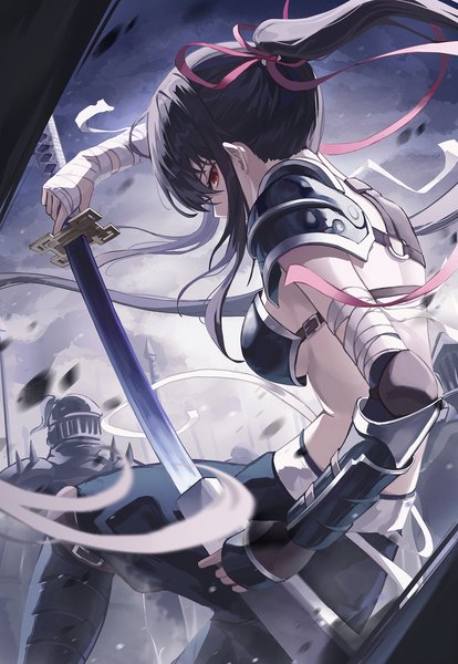 Anime picture 1500x2174 with original myung yi long hair tall image fringe breasts light erotic black hair hair between eyes red eyes holding sky cloud (clouds) ahoge bent knee (knees) ponytail profile looking back arm up from behind