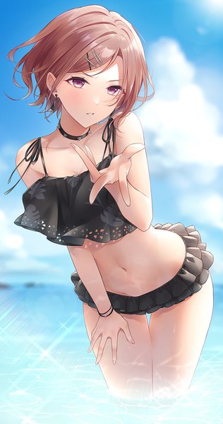 Anime picture 738x1400 with idolmaster idolmaster shiny colors higuchi madoka toujou masateru single tall image looking at viewer short hair brown hair purple eyes sky cloud (clouds) sparkle leaning leaning forward partially submerged girl hair ornament swimsuit earrings