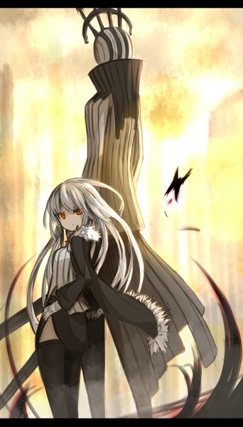 Anime picture 1300x2275 with original ganesagi long hair tall image red eyes standing white hair looking back hand on hip demon morning girl thighhighs gloves black thighhighs choker jacket fur insect butterfly