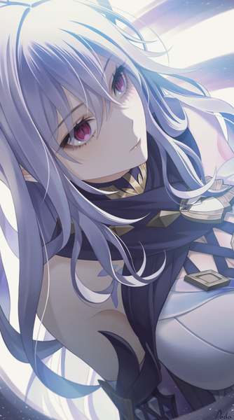 Anime picture 1500x2692 with genshin impact skirk (genshin impact) doda vv single long hair tall image fringe hair between eyes purple eyes looking away silver hair upper body from above girl