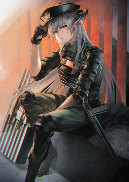 Anime picture 2894x4093 with arknights saria (arknights) saria (the law) (arknights) t800 single long hair tall image looking at viewer fringe highres hair between eyes sitting bent knee (knees) parted lips horn (horns) grey hair orange eyes official alternate costume between legs anaglyph