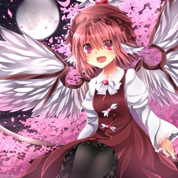 Anime picture 1400x1400 with touhou mystia lorelei e-co single blush short hair open mouth pink hair pink eyes night cherry blossoms girl dress plant (plants) hat petals pantyhose wings tree (trees) moon