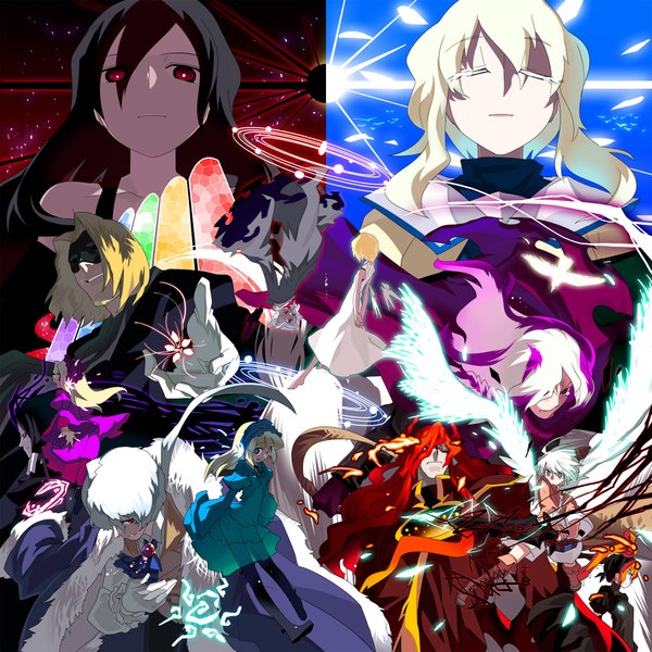 Anime picture 2000x2000 with tagme (character) tsuru (pixiv 2939) highres black hair blonde hair red eyes red hair eyes closed group gloves animal petals bird (birds) mask