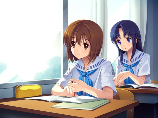 Anime picture 1280x960 with original cygnus (artist) long hair short hair blue eyes brown hair multiple girls brown eyes blue hair girl 2 girls serafuku window desk